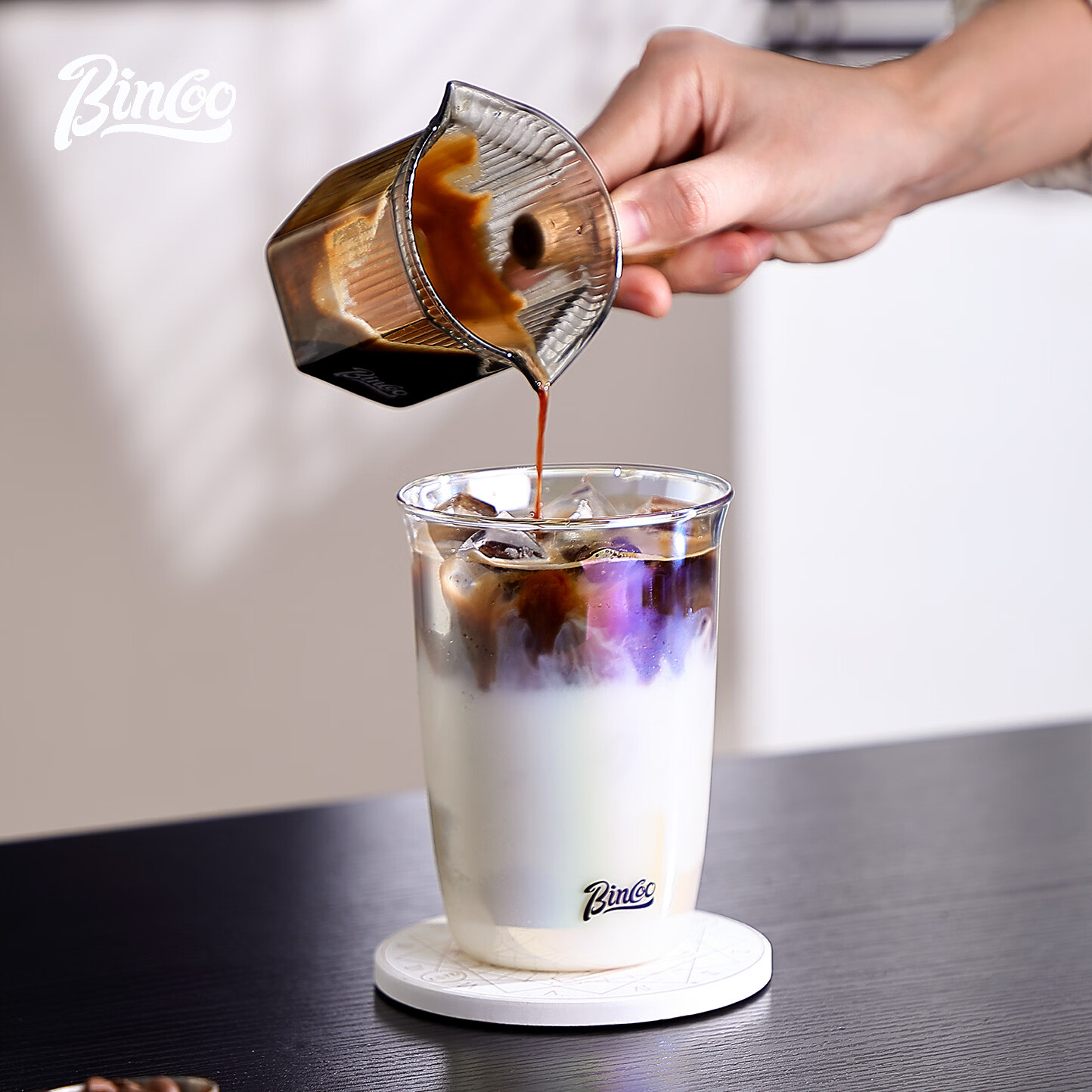 Bincoo黑武士玻璃杯拿铁冰美式牛奶特调鸡尾酒咖啡杯耐热杯子拉花 烟灰色咖啡杯-450ml