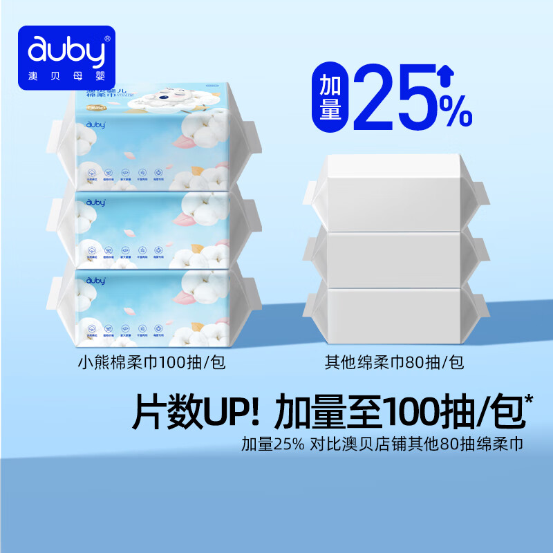 澳贝(auby)婴儿干湿两用棉柔巾加厚棉新生儿手口屁专用洗脸卸妆巾宝宝纸 【新疆长绒棉】小熊巾100抽*12包