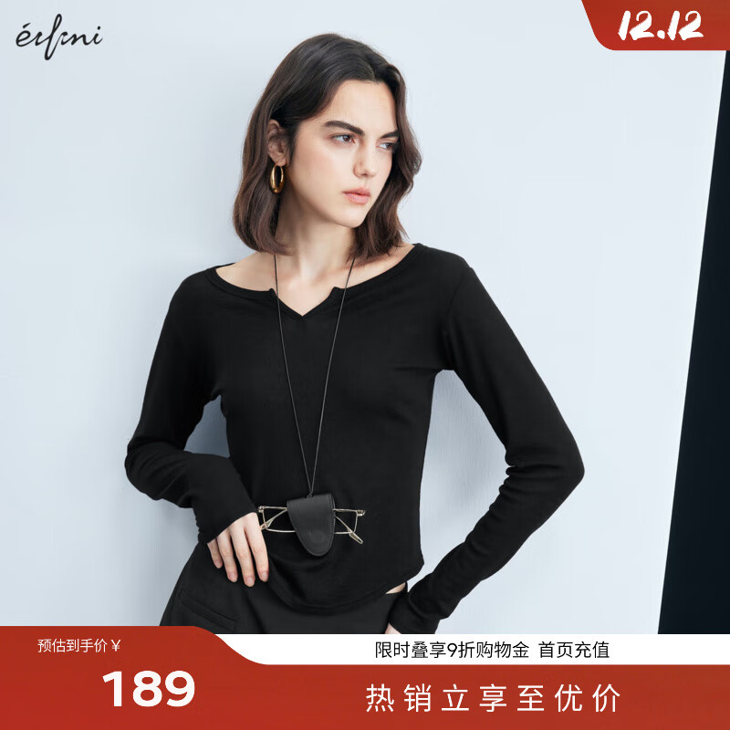 伊芙丽（eifini）蒋欣代言设计感大领开口羊毛打底T恤女秋装新款百搭上衣 黑色 S 155/80A