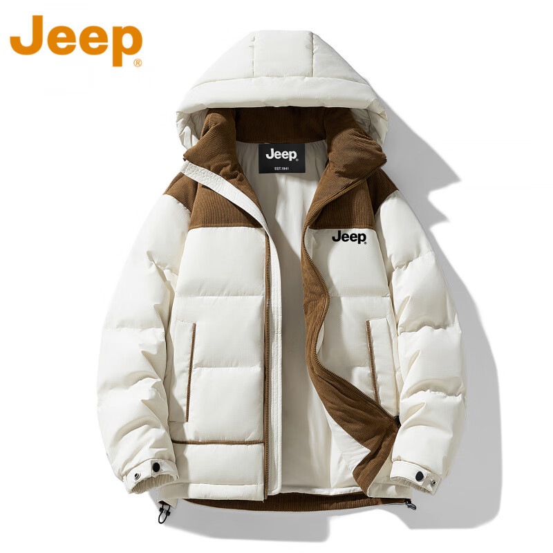 JEEP美式羽绒服男士冬季新款短款宽松拼接撞色连帽加厚保暖休闲外套男 黑色 【官方正品】 M