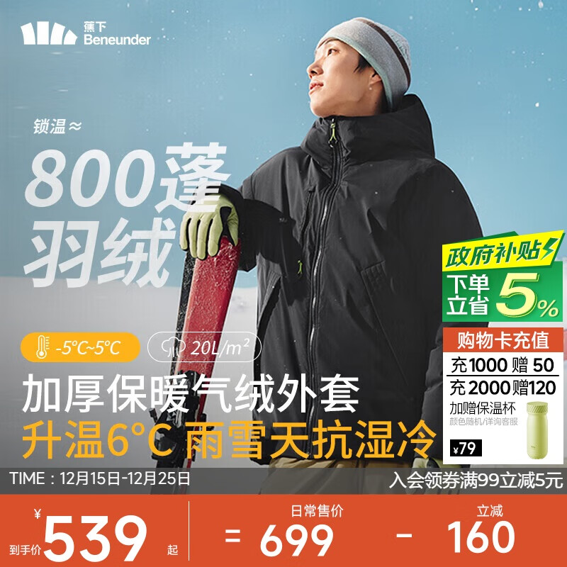 蕉下（beneunder）气绒服男士秋冬季保暖连帽轻薄夹克外套户外CL90724漫暮黑2XL