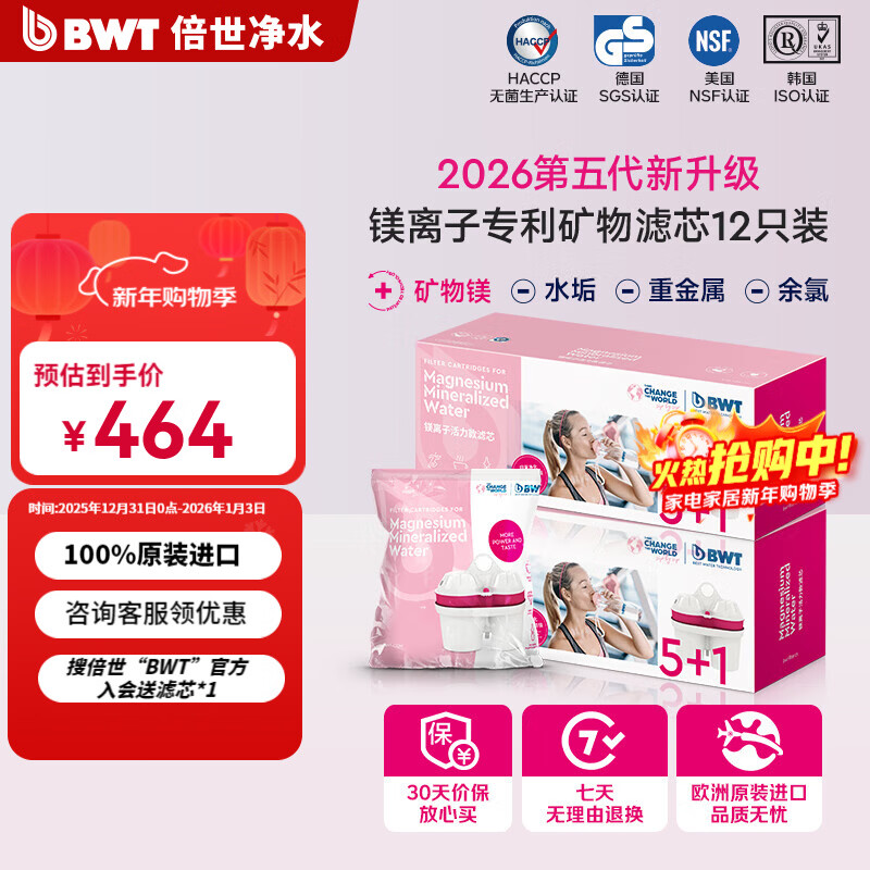倍世（BWT） 第5代镁离子活力款滤芯 德国技术欧洲原装进口 过滤净水器家用滤水壶净水杯净水壶用 【镁离子】12只装