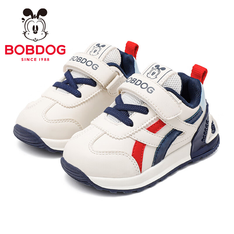 巴布豆（BOBDOG）童鞋男童冬季加绒百搭学步鞋2025舒适保暖小童机能鞋宝宝鞋女 米/藏青蓝53146(革面) 27 适合脚长15.8cm