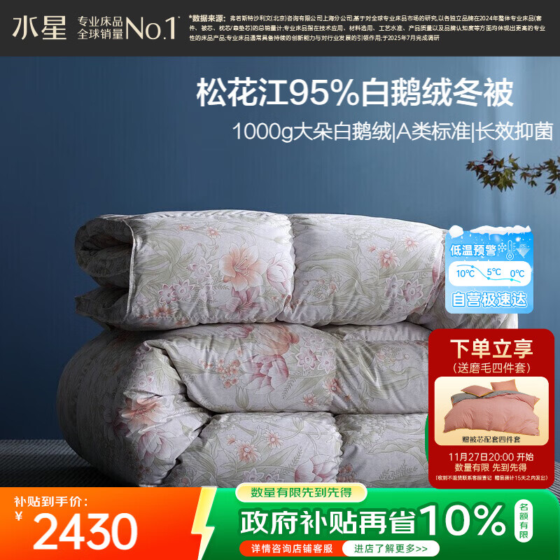 水星家纺羽绒被95%白鹅绒被子冬季加厚冬被芯双人羽绒被200cm×230cm-1000g