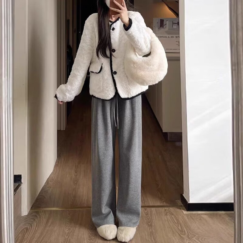 DESSO唐狮秋冬新款糯米裤高腰垂感宽松加绒直筒阔腿裤 浅灰(春秋款) 加绒 M 96-110斤