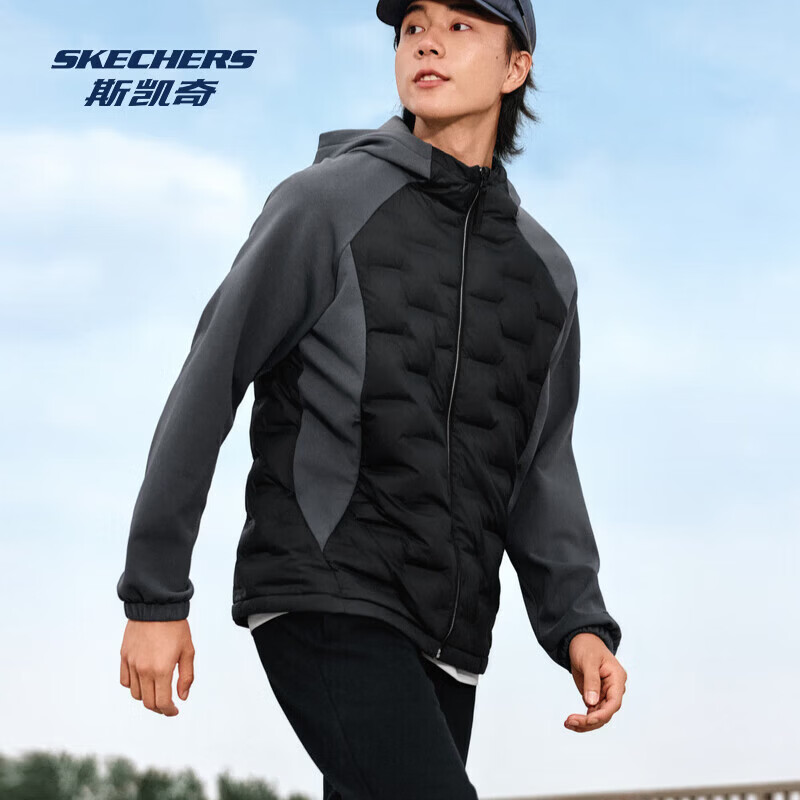 斯凯奇（Skechers）短款羽绒服秋冬男款轻盈梭织连帽保暖运动休闲户外百搭 碳黑/0018 XL