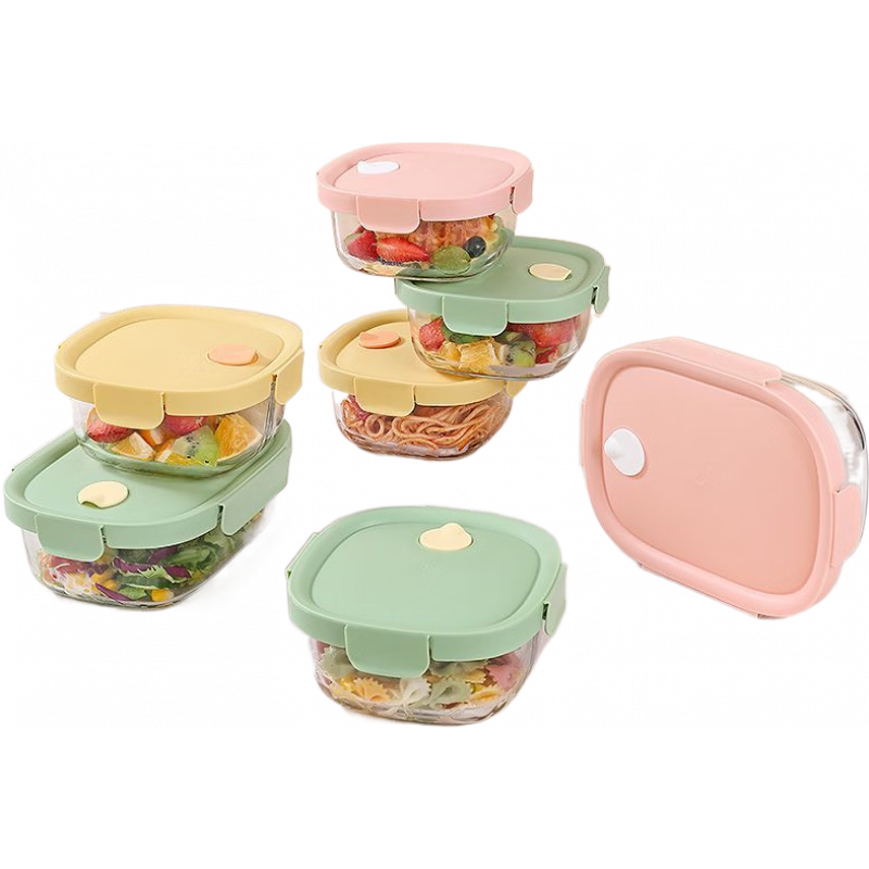 欣美雅（xinmeiya）玻璃飯盒微波爐專用分格飯盒食品級玻璃碗保鮮盒密封可微波爐加熱 尼斯陽光黃 【飯菜分裝】雙格+湯碗+包+餐具