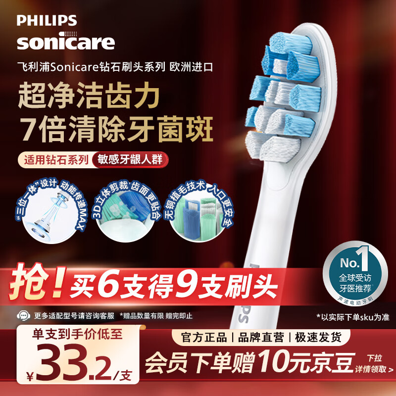 飞利浦（PHILIPS）电动牙刷头 牙龈敏感适用 3支装HX9033 适配钻石3/5/7/9/AI系列HX51系列