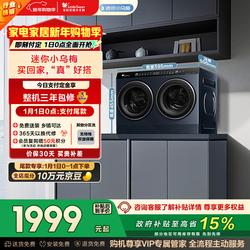 小天鹅（LittleSwan）迷你小乌梅 双筒分区洗 2KG洗烘一体 TNDD20-08AIDE可组懒人三筒洗衣机 可叠放 内衣洗全自动 三桶