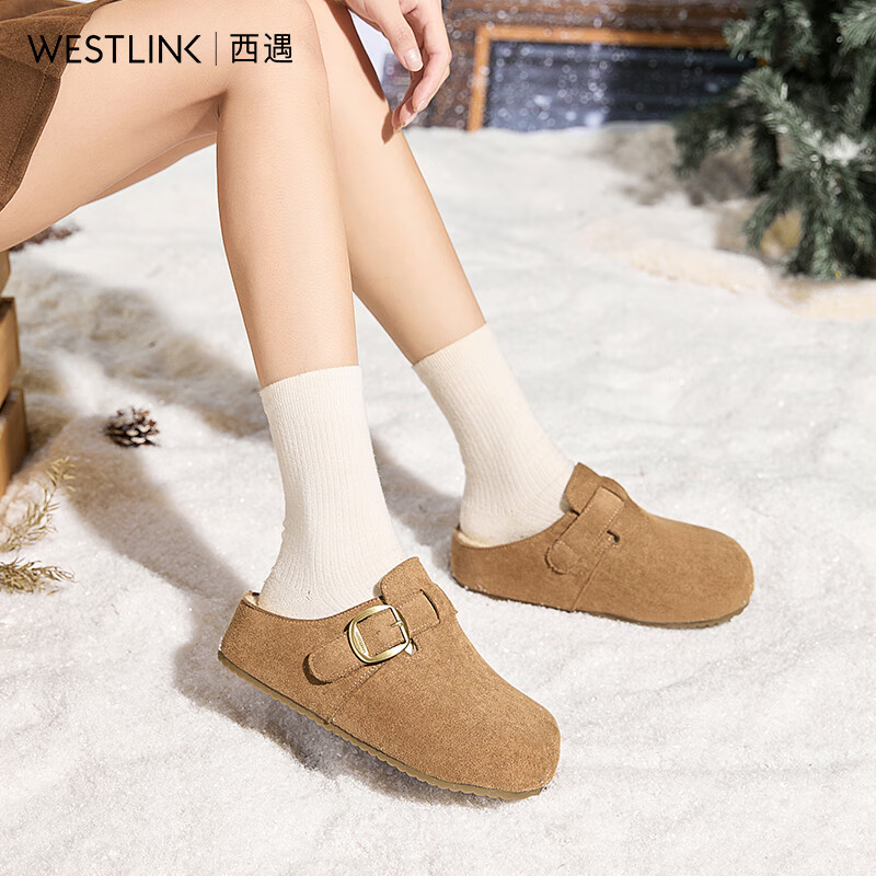西遇（Westlink）厚底加绒勃肯鞋女冬季新款一脚蹬包头半拖鞋外穿毛毛棉拖 卡色 38 (240)
