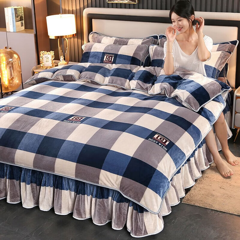 2025新款牛奶绒四件套加厚加密防静电套件双面绒加绒 蓝大格 1.5米床 床单款 （被套200*230cm）