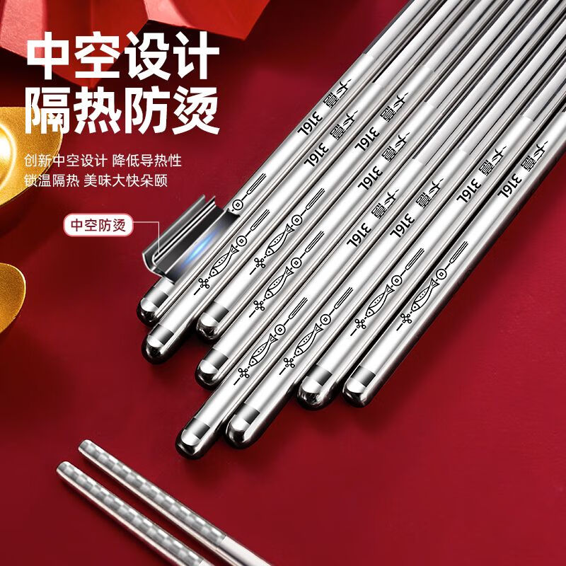 CRHMMFLF不锈钢筷子食品级家用套装防霉防滑防烫年年有鱼 【年年有鱼】 5双 【精品不锈钢】
