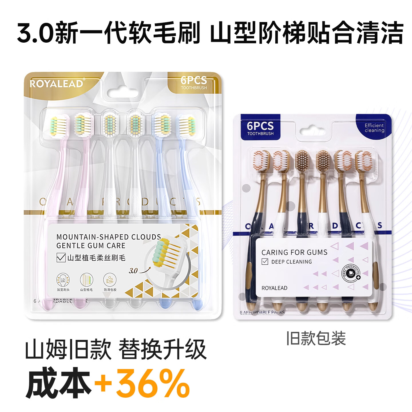 RAOYI山姆同款护龈软毛牙刷山形凸面刷毛成人宽头牙刷家庭装 【山姆同款】软毛护龈 6支