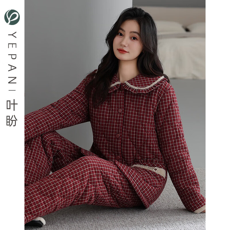 叶盼（yepan）【保暖】梭织纯棉夹棉睡衣女士冬季三层加厚加绒棉袄女家居服套装 68047-枣红 M (160) ：建议90-110斤穿着