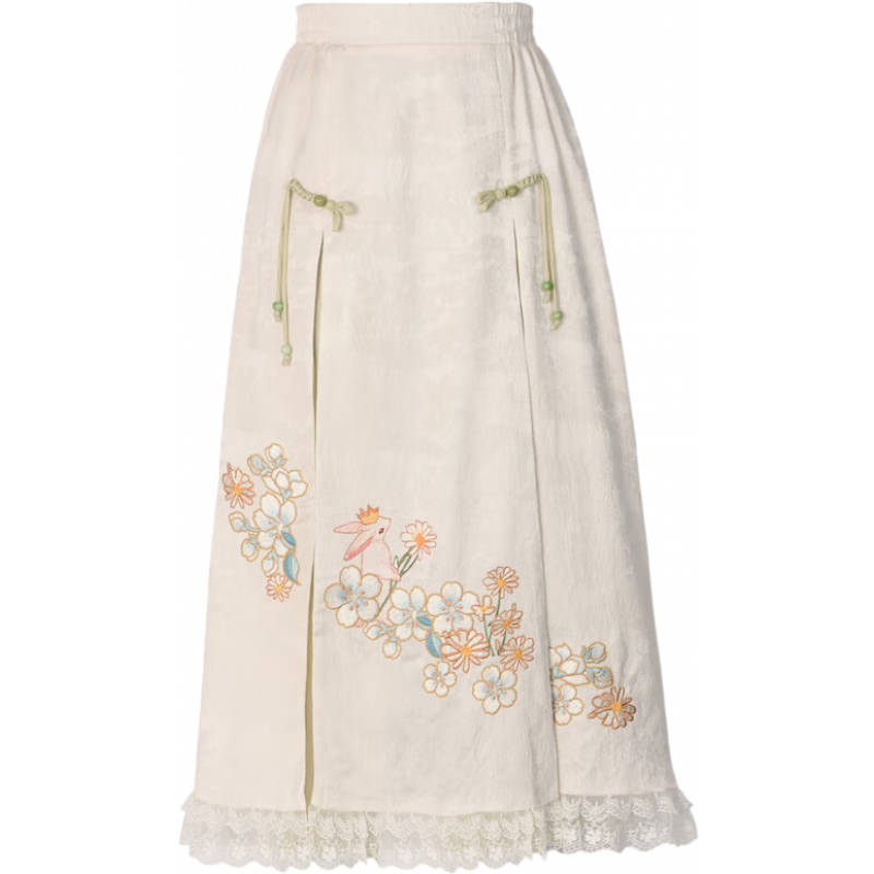 森女部落童話繪本東方簡奢風新中式國風三件套套裝小清新初春治愈系列 白色半身裙(單件)（單件） S