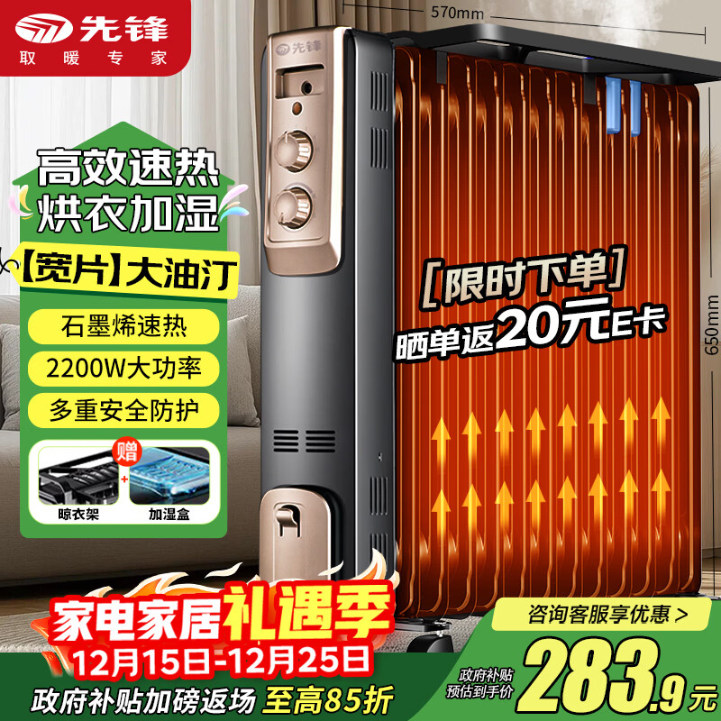 先锋石墨烯取暖器电暖器电暖气片家用电热油汀13片全屋升温智能恒温低噪节能烘衣加湿DYT-Z2