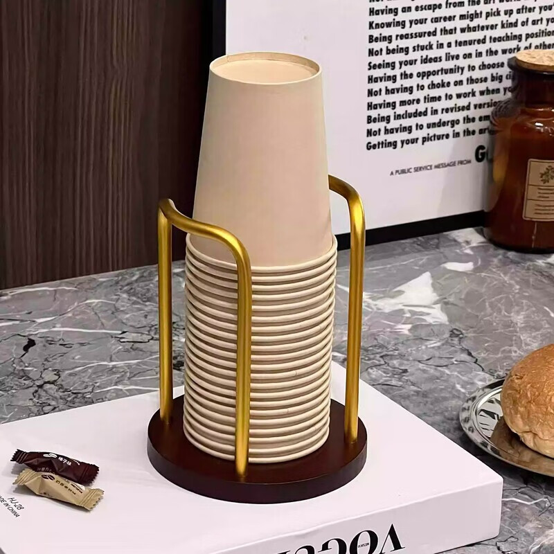 简漾一次性杯架高级杯子桌面防尘装水杯收纳置物架家用茶杯纸杯取杯器 金色款 竹韵杯架一胡桃木色-单