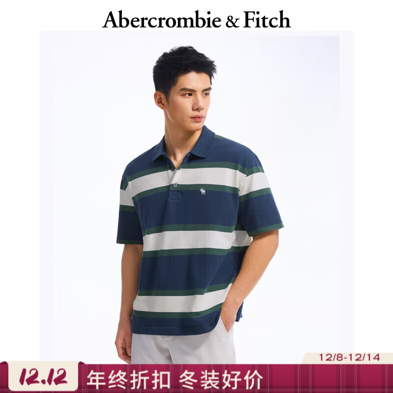 Abercrombie & Fitch【条纹POLO】小麋鹿图案男装25夏季美式POLO短袖T恤 海军蓝 XS (170/84A)