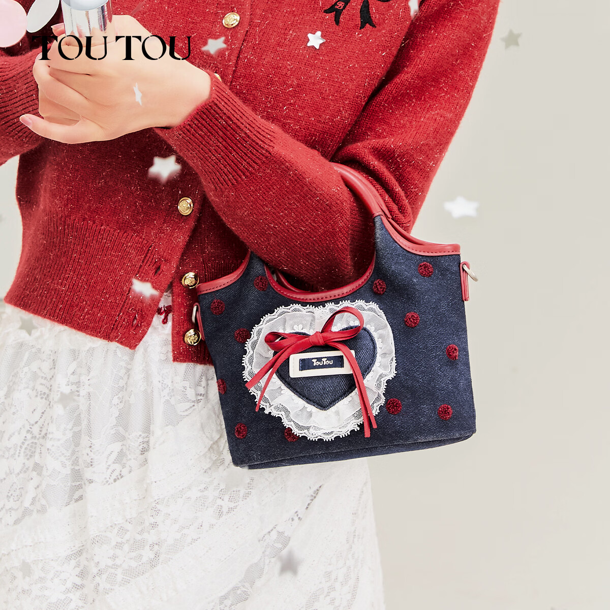 toutou仿牛仔爱心菜篮子托特包斜挎包新款实用生日礼物送女友送礼 深牛仔蓝