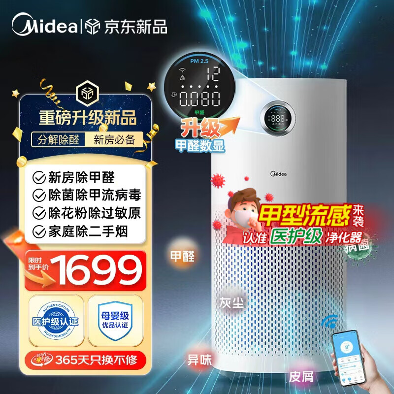 美的新品空气净化器 甲醛浓度监测 深度分解除甲醛 除菌除异味过敏原  除病毒烟味臭味 【甲醛数显】KJ600G-RX600P