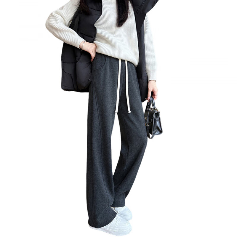 虎迹羊毛人字纹毛呢阔腿裤女2025新款秋冬直筒裤小个子弯刀香蕉运动裤 羊羔绒-深灰- 常规 L 【111-125斤】