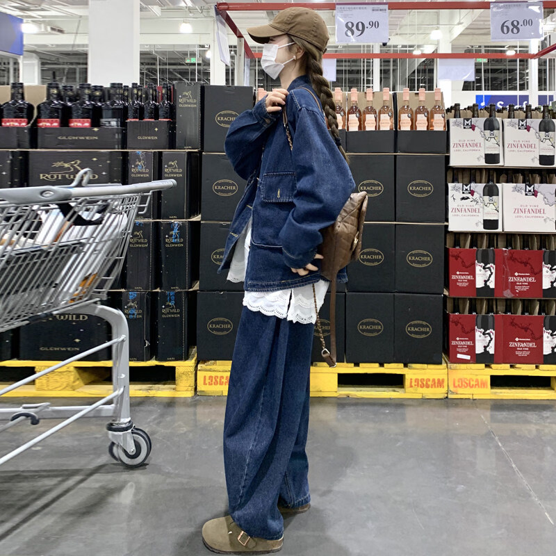 MODX美式复古牛仔套装女春季2026新款宽松翻领外套休闲阔腿裤两件套潮 蓝色 S