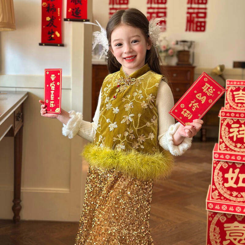 栀了成长记童装女童国风唐装马甲2025冬季新中式丝绒亮片夹棉上衣 绿色 马甲 100