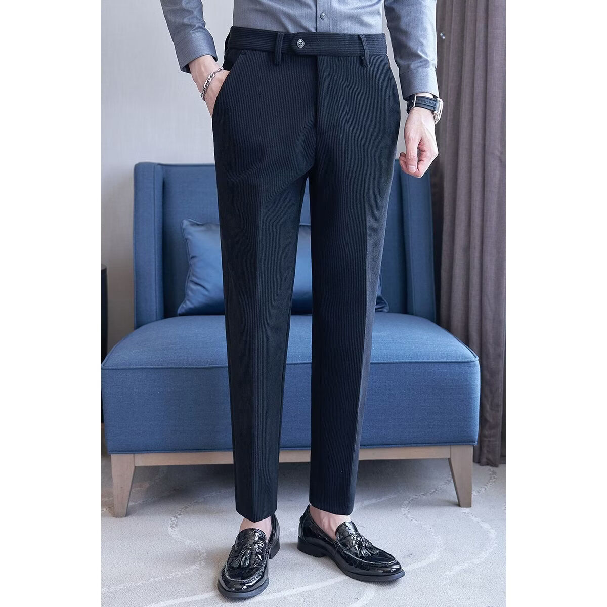 灯芯绒西裤男秋冬加绒新款高级感男裤商务修身直筒休闲西装裤子 卡其色[加绒] 36（2.8尺） 均码