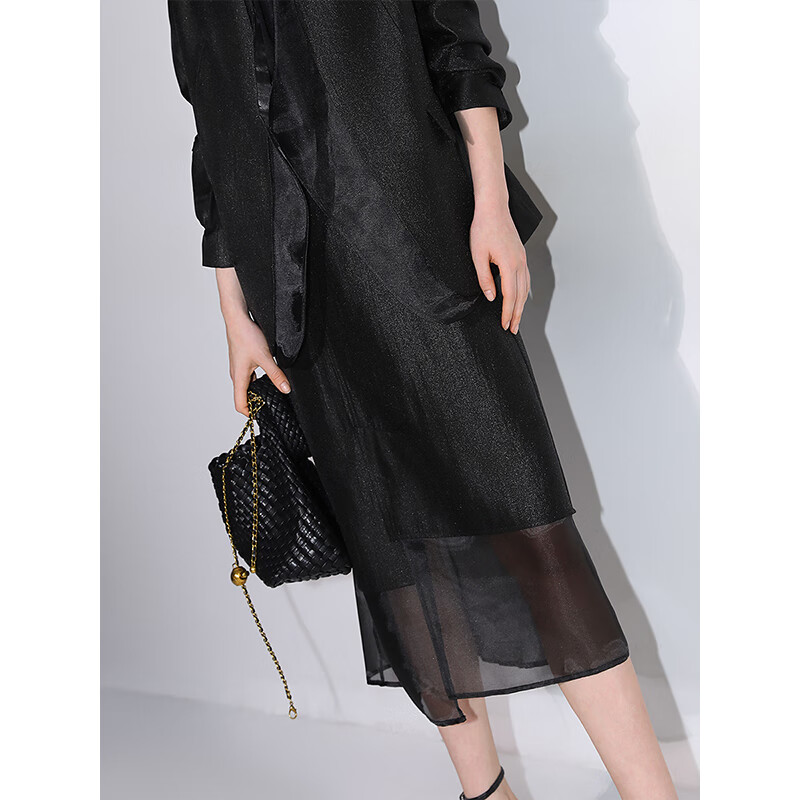 COCOBELLA珠光人丝半身裙女网纱拼接不规则开叉裙装HS3040-2 墨玉黑 M