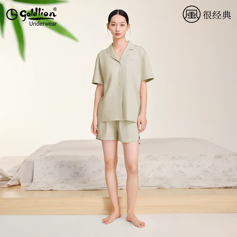 金利来（Goldlion）纯棉家居服女夏季短袖短裤睡衣套装翻领纯色外穿居家服 棉款-水沫绿 M (160)