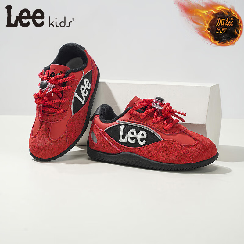 Lee童鞋冬季新款儿童跑步鞋学生休闲板鞋加绒运动鞋男女童 红色 36 【建议脚长221mm】