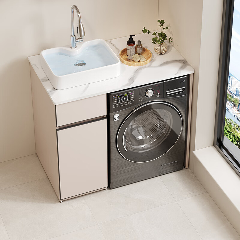 佳恋雅（JIALIANYA）阳台洗衣柜岩板陶瓷一体台上盆滚筒洗衣机伴侣组合定制收纳置物柜 110左-岩板陶瓷台上盆
