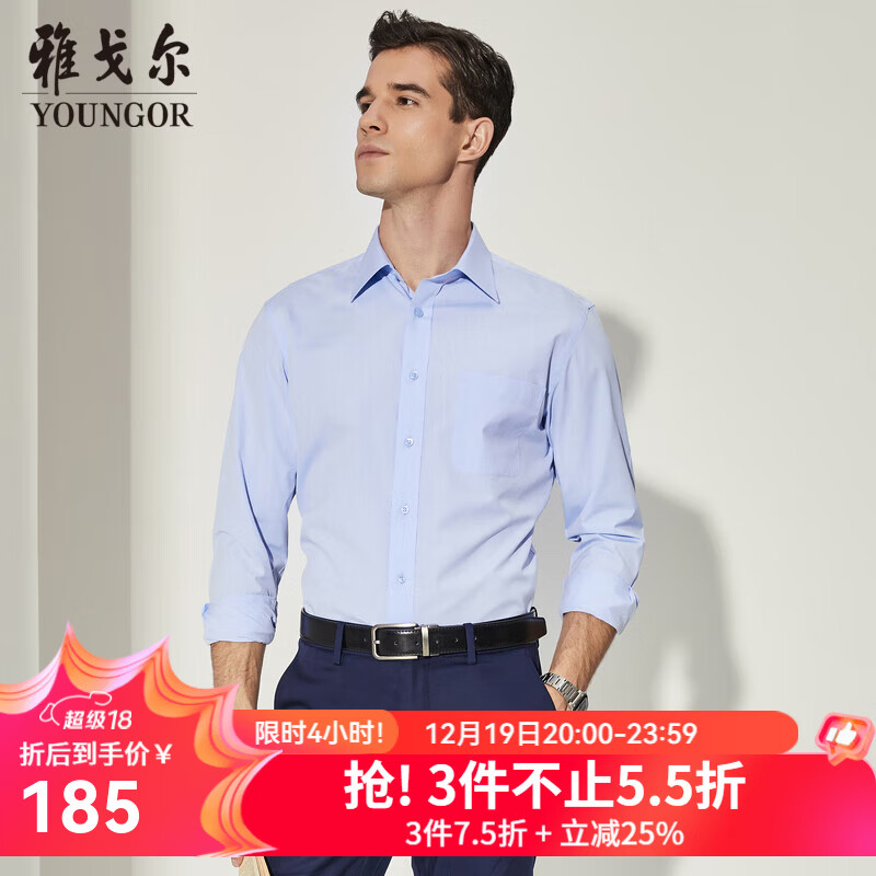 雅戈尔（YOUNGOR）长袖衬衫男素色免烫抗皱衬衫棉涤面料抗皱平整易打理 VLNP170014IJA蓝色 42