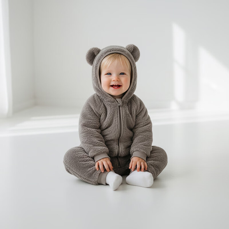 小猪大卫 PECODAVID可爱耳朵连体衣秋冬毛绒婴幼儿爬服保暖居家外出服 灰咖小熊 90cm 京东折扣/优惠券