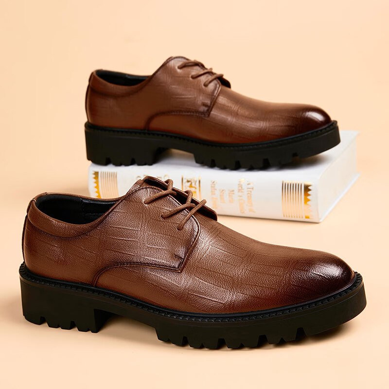 Walker Shop轻奢品牌皮鞋男款真皮厚底英伦透气软底内增高婚鞋商务正装男鞋 高档黑色【品牌男鞋 礼盒包装】 42