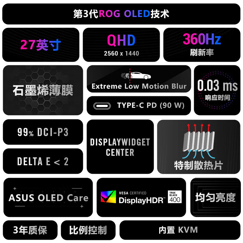 华硕 ROG 绝梦27 XG27ACDNG 26.5英寸 OLED 2K 360Hz 电竞显示器 HDR400 0.03msGTG 升降旋转 HDMI2.1 绝梦27 XG27ACDNG 2K 360