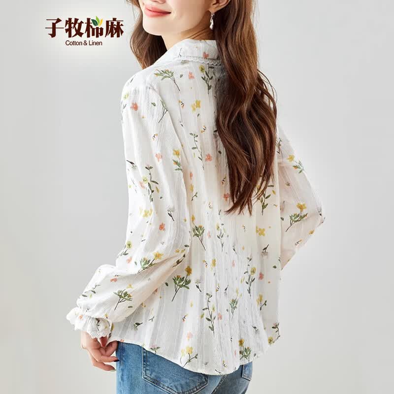 子牧棉麻2026春装 女文艺复古印花衬衫轻薄印花百搭清新气质时尚衬衣3313 白色 M (建议90-115斤)