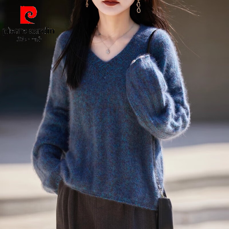 皮尔卡丹（pierre cardin）短款V领套头毛衣内搭女宽松针织纯色打底衫百搭上衣长袖秋冬 蓝色 优质原版 M 95-105