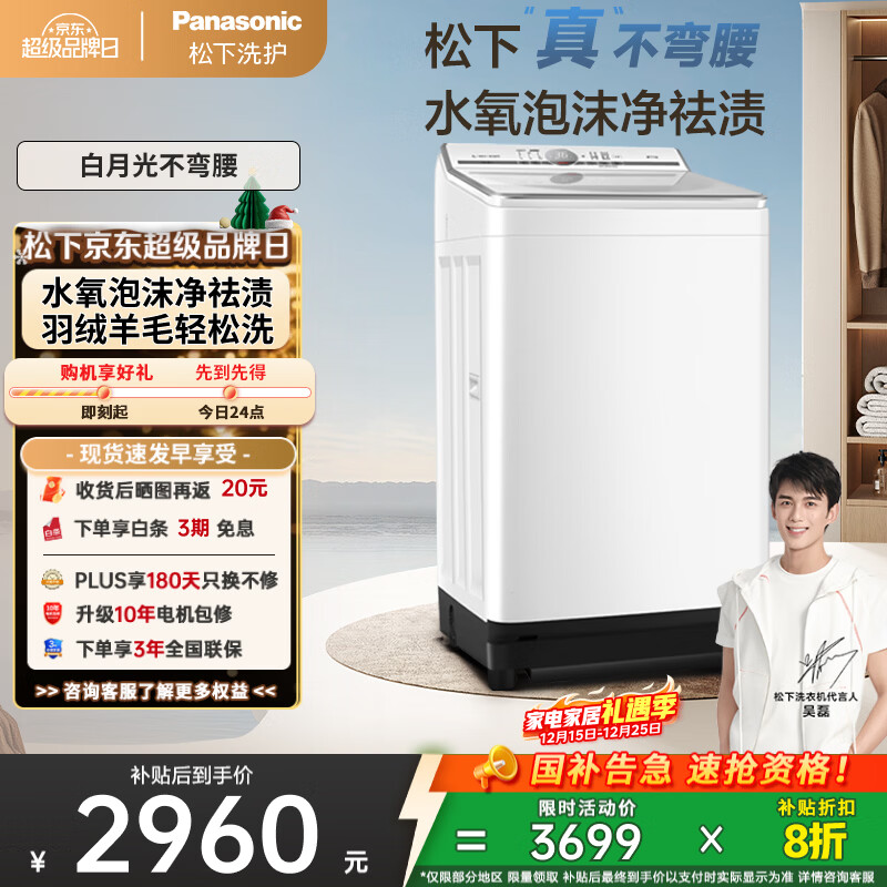 松下（Panasonic）【吴磊推荐】波轮洗衣机全自动10kg白月光不弯腰4.0 水氧泡沫羊毛羽绒洗内衣洗国家补贴20%