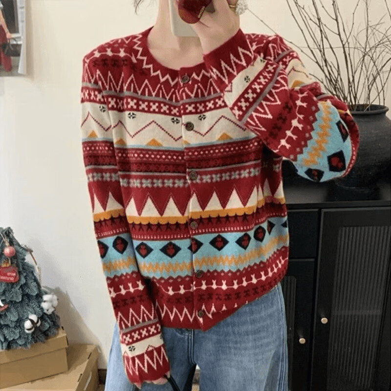 【超细毛针织】费尔岛复古民族风提花圆领针织开衫女秋冬毛衣外套 酒红色 XL 【建议120-140斤】