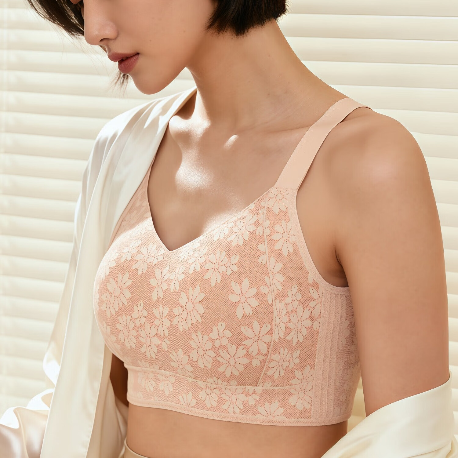 千奈美无痕提花大胸显小收副乳防下垂显瘦文胸内衣 栗子色 L (80BCD/75E)