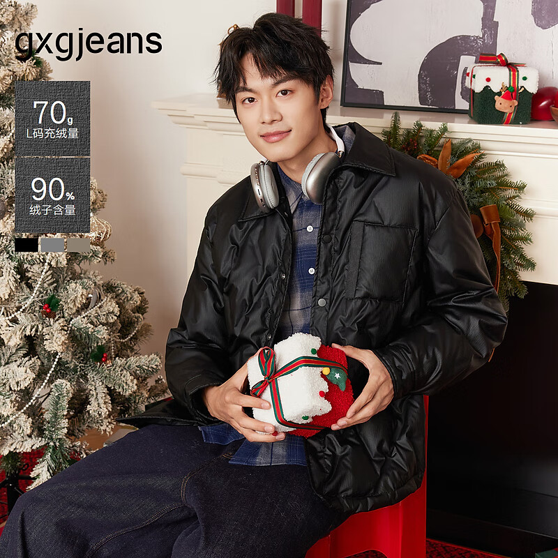 gxgjeans男装 多色不规则设计轻薄衬衫式羽绒服外套 25年冬新品 黑色 L (175)