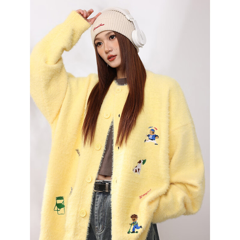 MANYSTON美式重磅毛衣外套男款秋冬季潮牌休闲情侣针织开衫青少年上衣 黄色 S