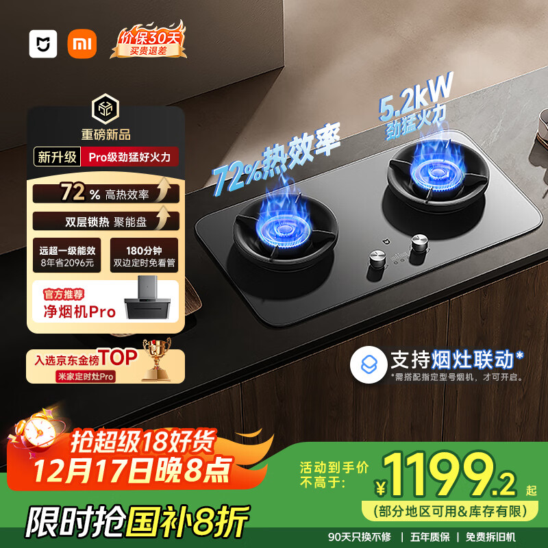 米家小米燃气灶天然气煤气灶Pro国家补贴定时双灶嵌入式家用5.2kW猛火灶具【新品72%热效率】MJ03A