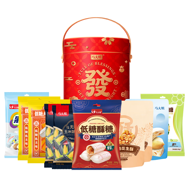 馬大姐暴富桶1625g 低糖減糖大蝦酥玉米軟糖牛軋?zhí)墙M合特色禮盒禮品