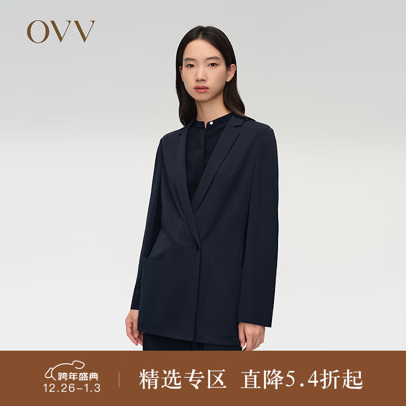 OVV2024春夏新款女装修身一粒扣平驳领简约单件西服外套 藏青（净色）06 L