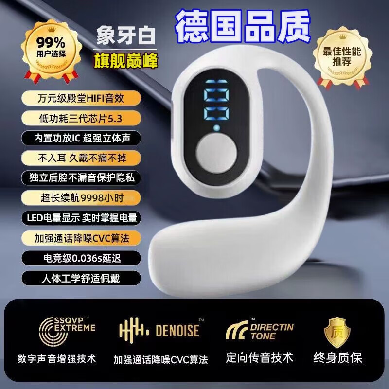 鑫羽音【甄选厂家】2025新款蓝牙耳机真无线不入耳运动跑步开车骑行适用 白色【HiFi无损环绕音质+LED数显+超长续航】