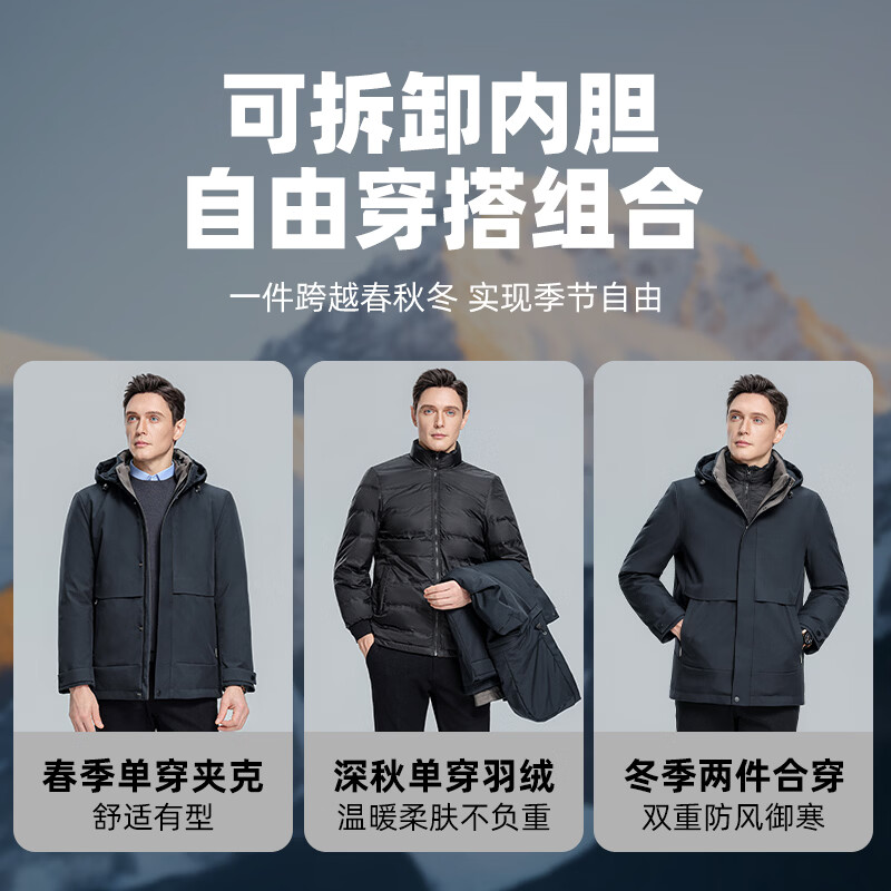 罗蒙【一衣多穿】中长款鹅绒羽绒服男冬季新款可脱卸帽保暖羽绒外套男 藏青色 XL (180) 【建议135-150斤】