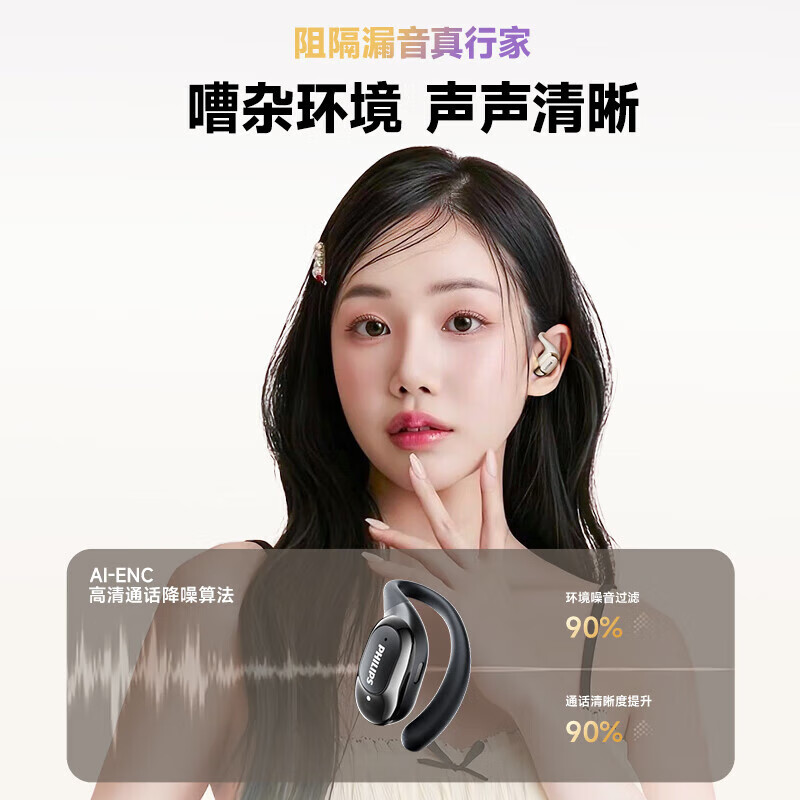 飞利浦（PHILIPS）骨传导蓝牙耳机 TAQ2120 挂耳式无线耳机 开放式骨传导概念 不入耳运动跑步音乐降噪手机通用 【通话降噪+蓝牙闪连6.0】TAQ2220黑色