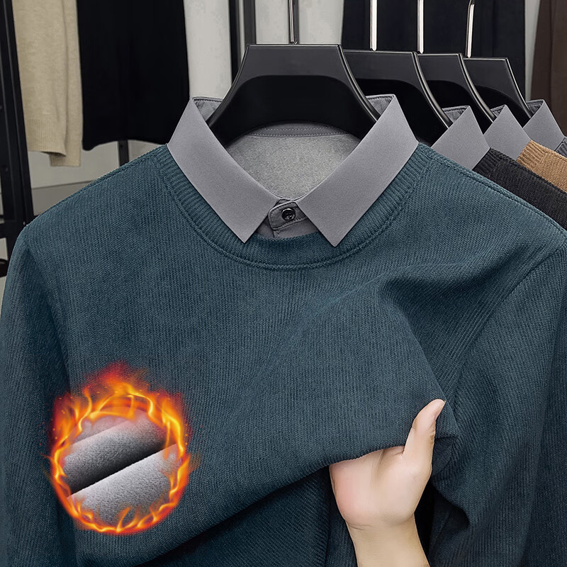 锐图森秋冬季加绒假两件男士翻领长袖t恤中青年商务男装纯色圆领体恤衫 哈青（加绒） XL  /115（建议135-150斤）